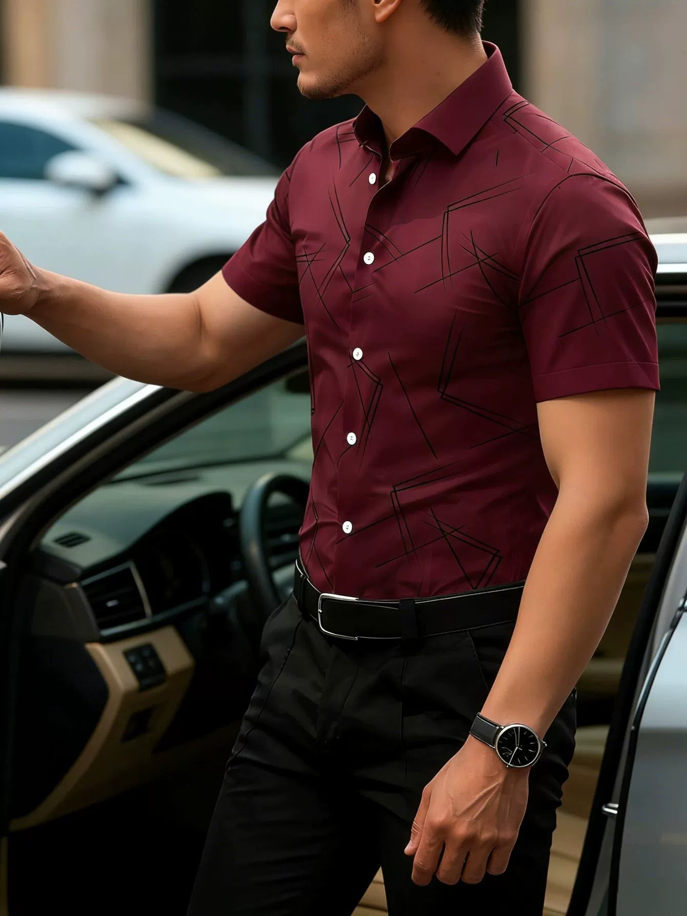 Men’s Slim Fit Burgundy Geometric Shirt