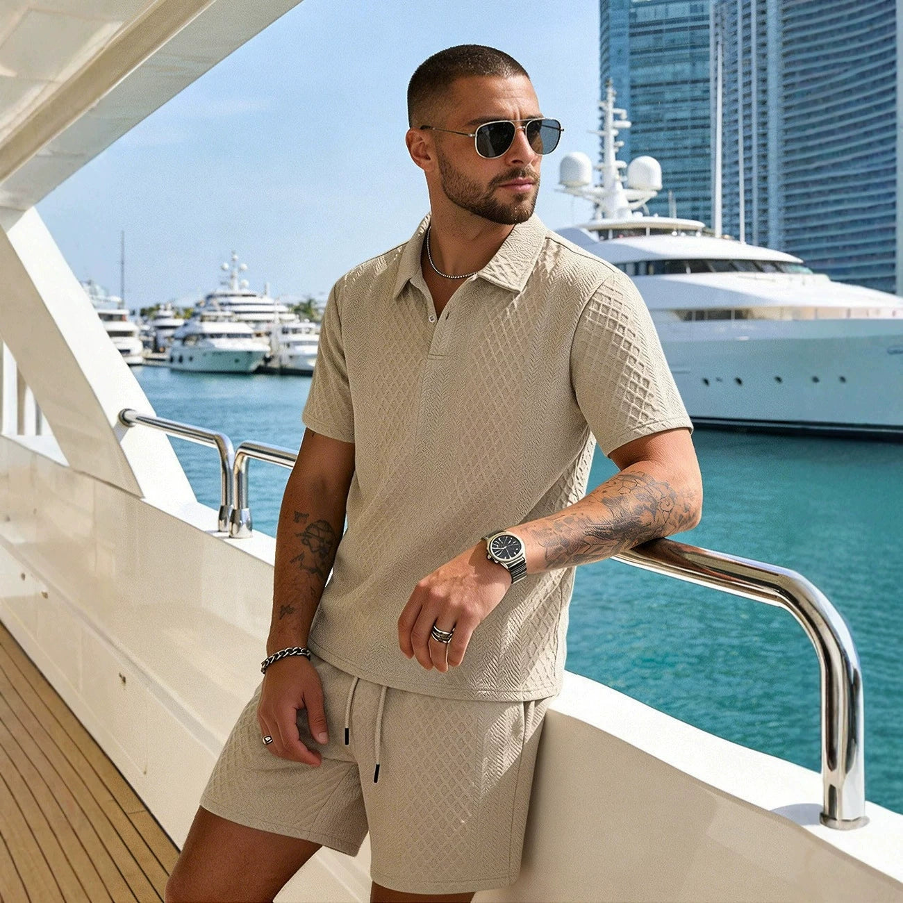 Men's Textured Jacquard Polo & Shorts Set