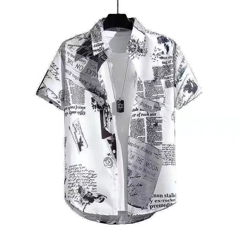 Vintage Newspaper Print Cuban Collar Shirt