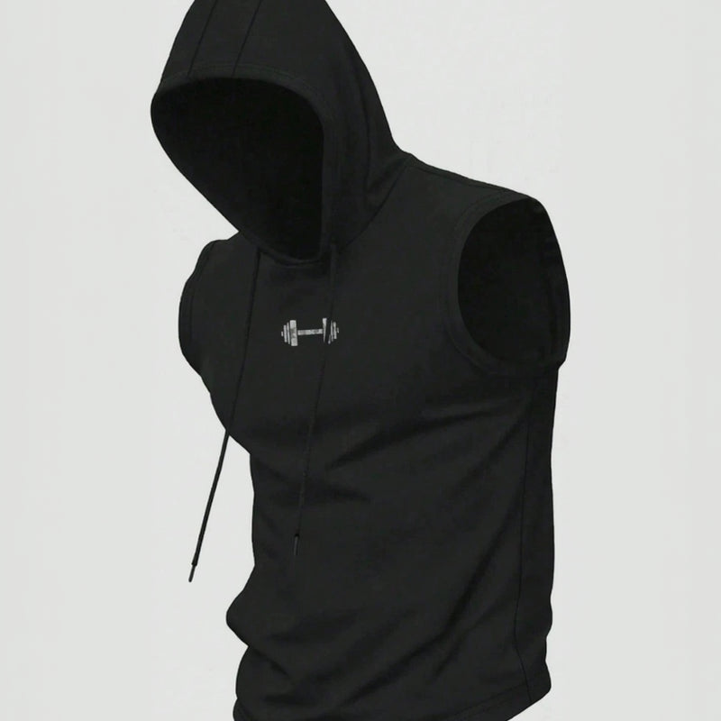 Sleeveless Hooded Fitness Tank Top with Dumbbell Graphic