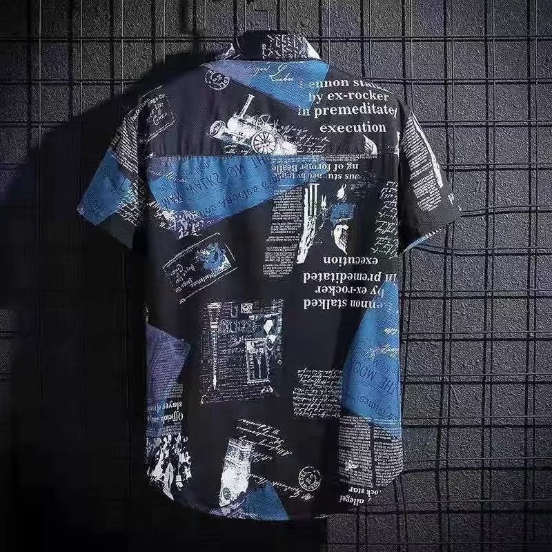 Vintage Newspaper Print Cuban Collar Shirt