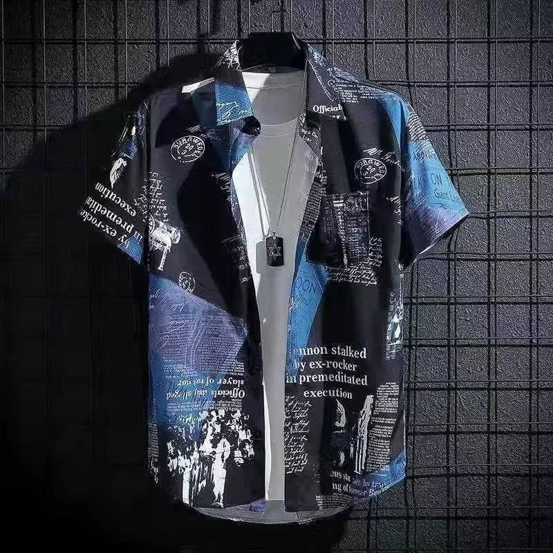 Vintage Newspaper Print Cuban Collar Shirt