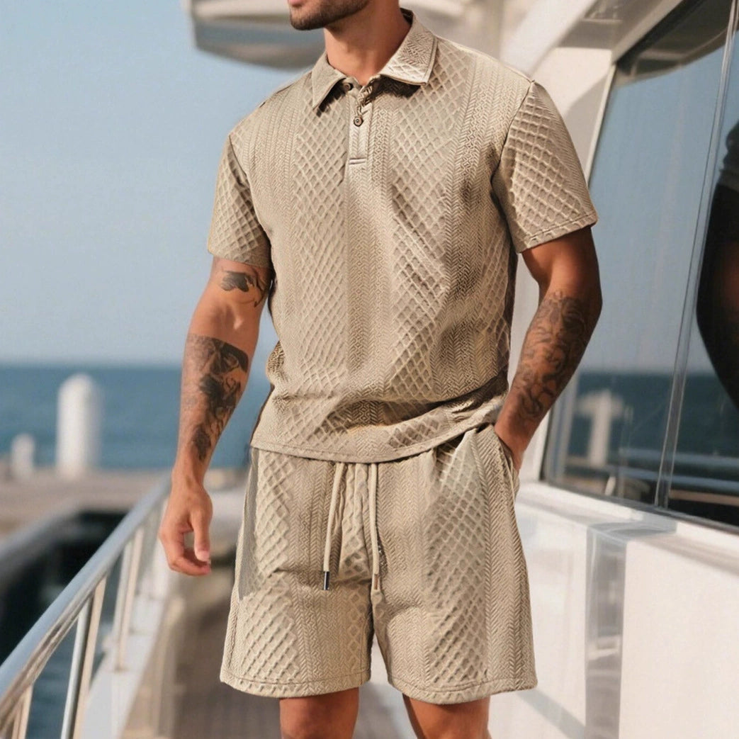 Men's Textured Jacquard Polo & Shorts Set