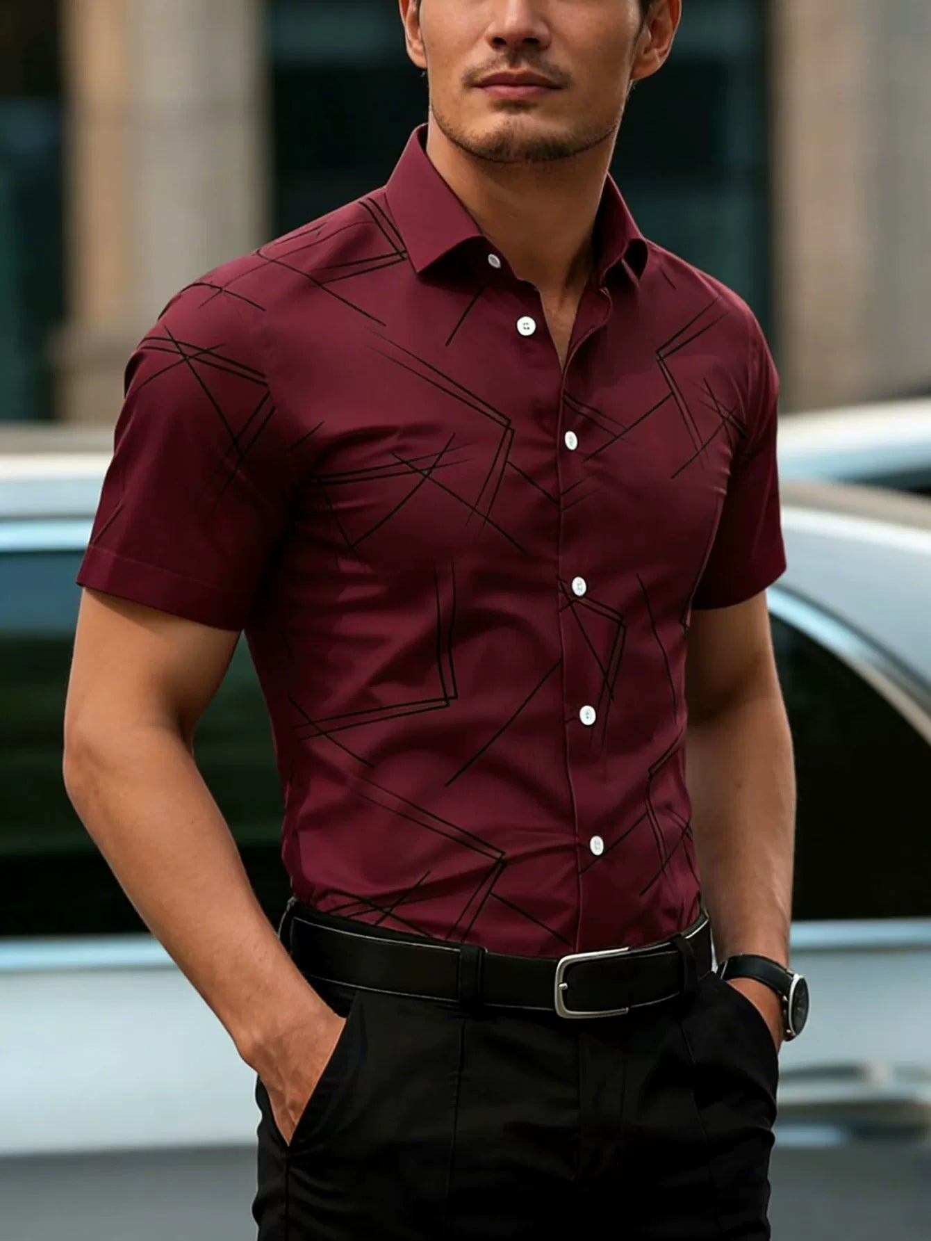 Men’s Slim Fit Burgundy Geometric Shirt