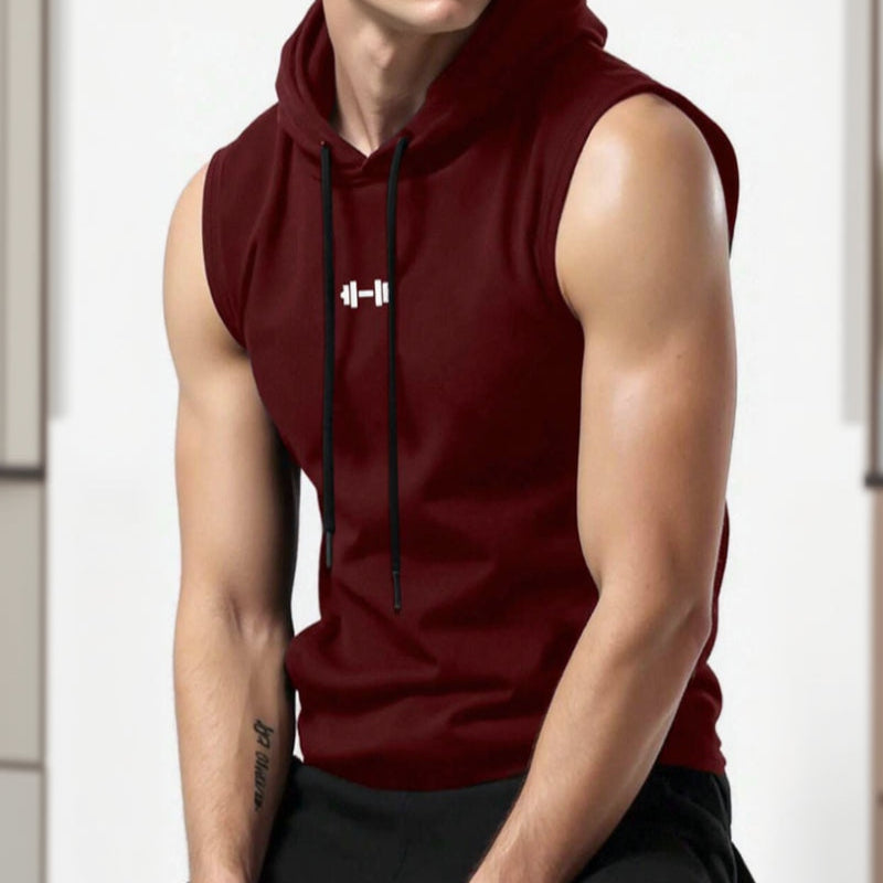 Sleeveless Hooded Fitness Tank Top with Dumbbell Graphic
