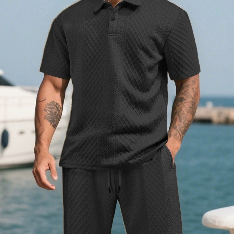 Men's Textured Jacquard Polo & Shorts Set