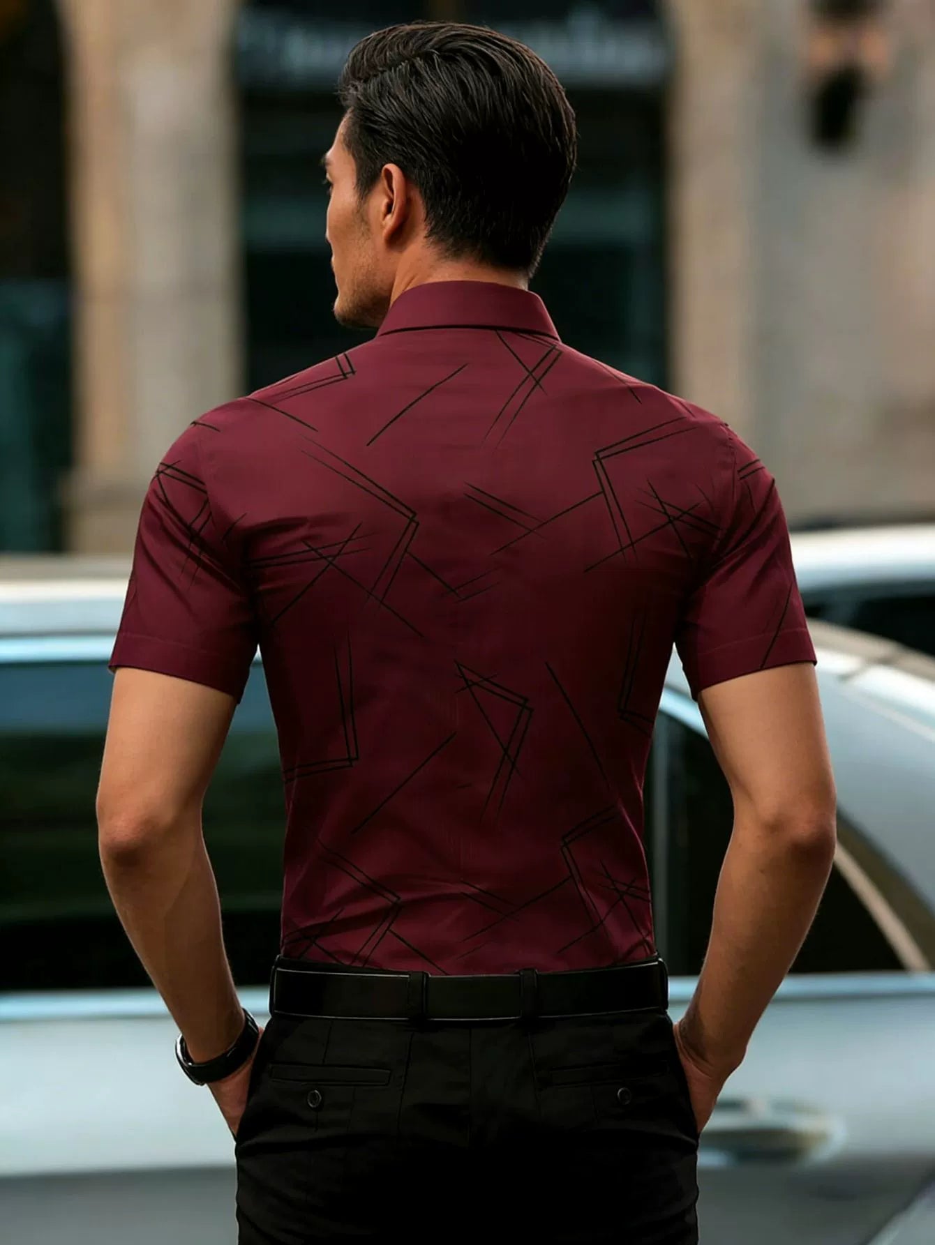 Men’s Slim Fit Burgundy Geometric Shirt