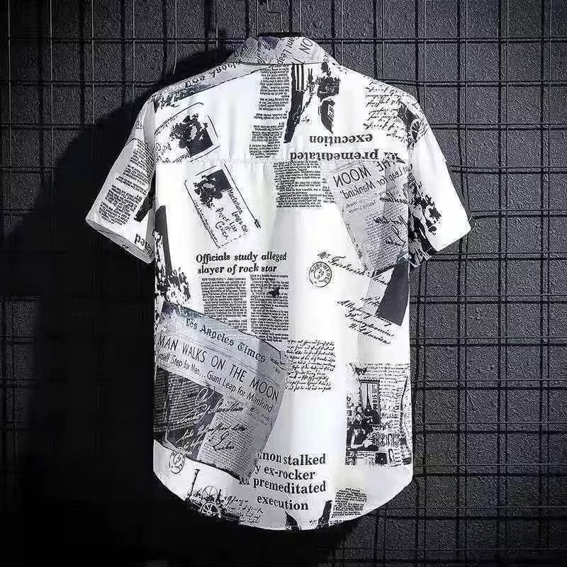 Vintage Newspaper Print Cuban Collar Shirt