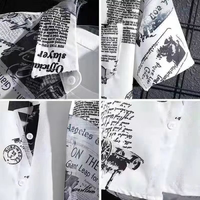 Vintage Newspaper Print Cuban Collar Shirt